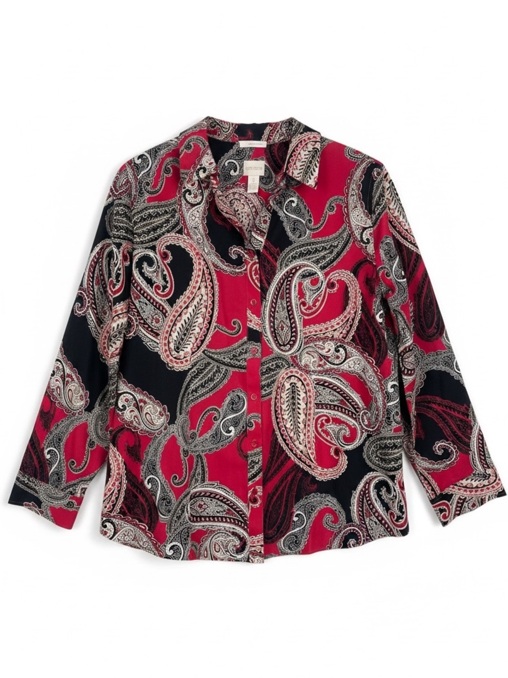 Chico’s No Iron Blouse Shirt Black Red Paisley 100% Cotton Size XL